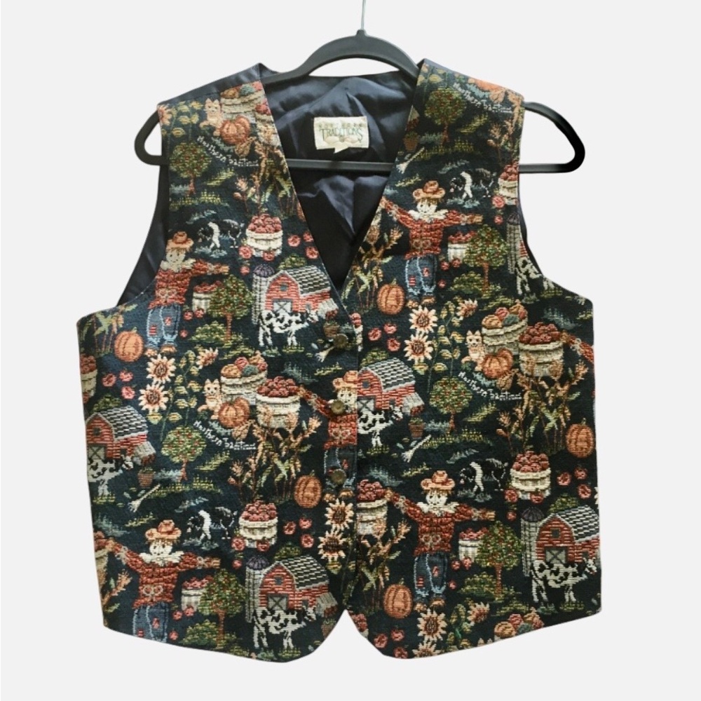 Vintage Fall Vest Button Up Tapestry Autumn Harvest Pumpkins Sunflower L